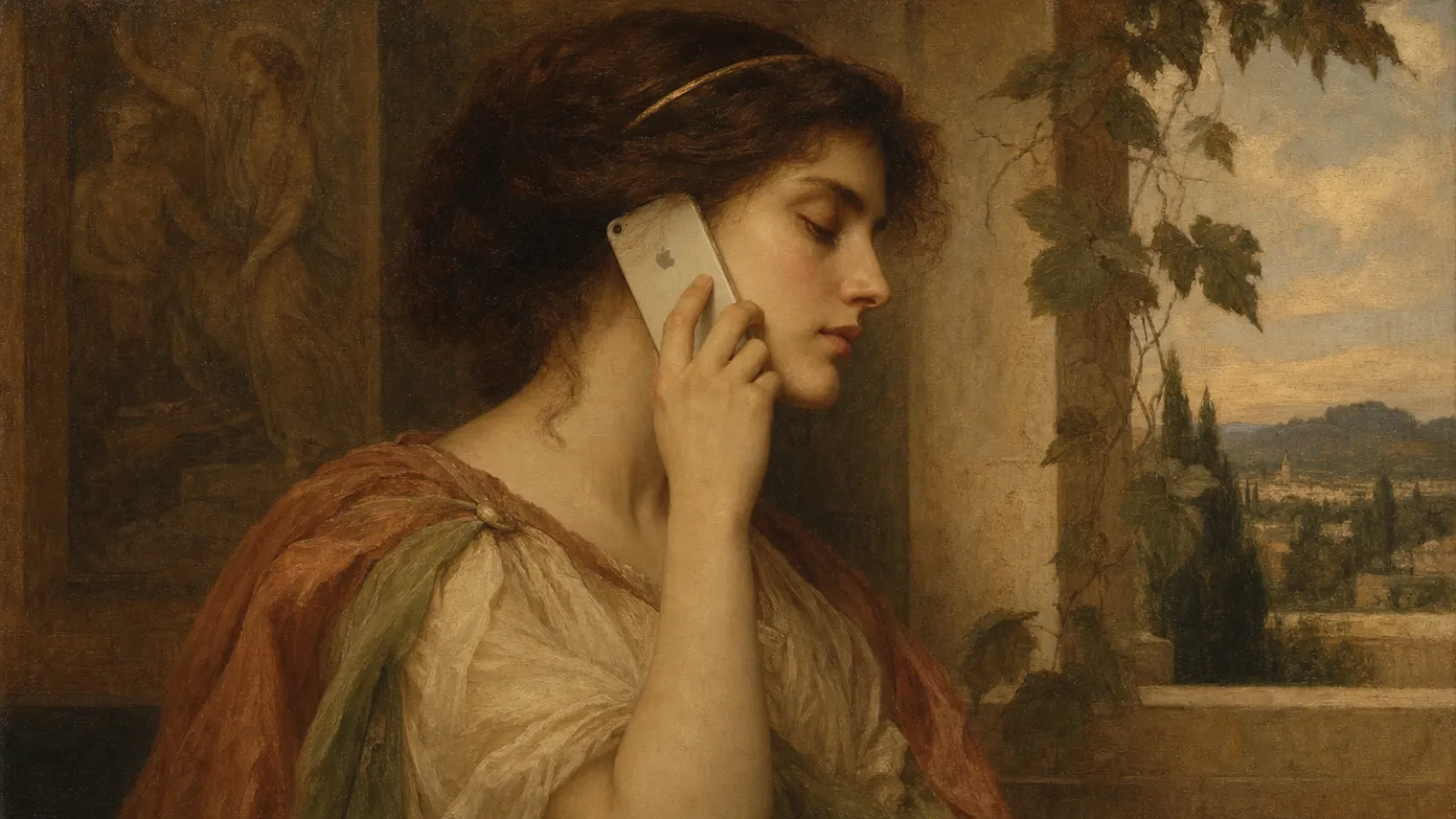 Classical oil painting of a woman holding an iPhone to her ear in soft afternoon light.